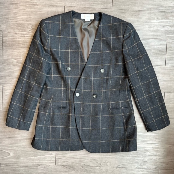 Jones New York Jackets & Blazers - Vintage 80s Jones New York Gray & Cream Checked Wool Blazer Jacket Size 16